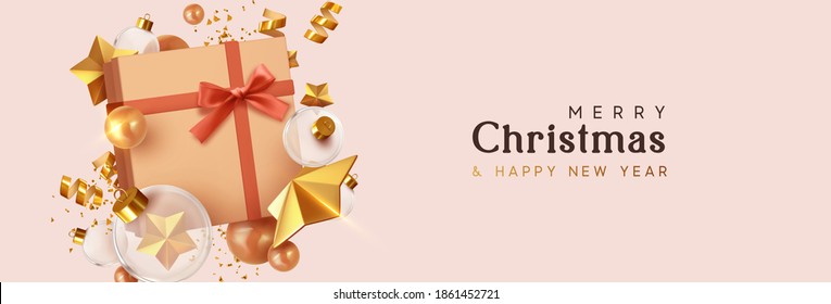 Merry Christmas and Happy New Year. Background with realistic festive gift box. Xmas present. Gold star, Golden Christmas baubles, glass round balls, glitter 3d confetti. headers for website