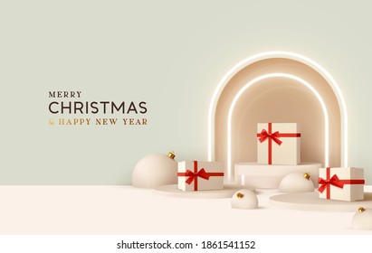 Merry Christmas and Happy New Year. Realistic design, white gift boxes with red ribbon, light balloons, neon arch, round realistic stage, podium, Xmas studio. Holiday background with 3d render object