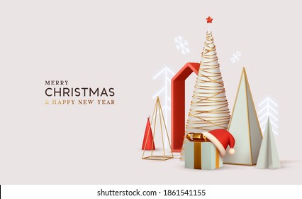 Merry Christmas and Happy New Year. Abstract minimal design, geometric Christmas trees, gift box, Realistic Xmas Decorative design objects. Winter holiday background. website header or banner, poster