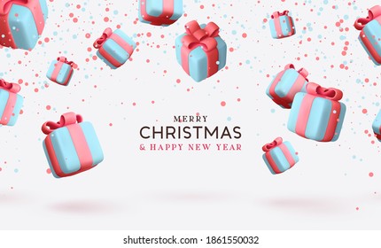 Merry Christmas and Happy New Year. Background with realistic festive gifts box. Xmas present. Blue boxes fall effect. Holiday gift surprise banner, web poster, flyer, stylish brochure, greeting card