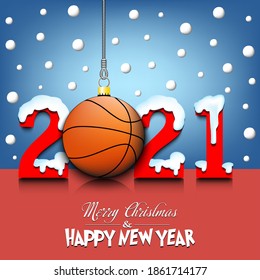 Merry Christmas and Happy New Year. Number 2021 and basketball ball as a Christmas decorations hanging on strings amid falling snow on a mirror surface. Pattern for greeting card. Vector illustration