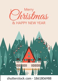 Merry Christmas and Happy New Year card with Winter landscape of ski resort town in snowfall. Mountain Village with ski lifts and tracks, country houses, fir trees. Vector illustration in flat style. 