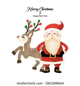 Merry Christmas and Happy New Year with Santa Claus and Reindeer. Watercolor design on white background vector illustration