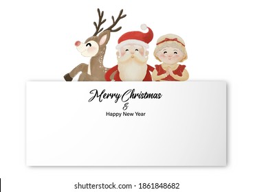 Feliz Navidad y Feliz Año Nuevo con Santa Claus, la Sra. Claus y los renos respaldando la etiqueta blanca. Diseño de acuarela en la ilustración del vector de fondo blanco