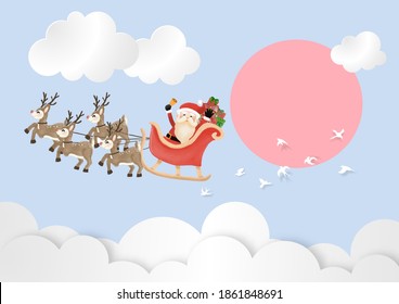 Merry Christmas and Happy New Year with Santa Claus and Reindeer Sleigh the sky in day time vector and illustration