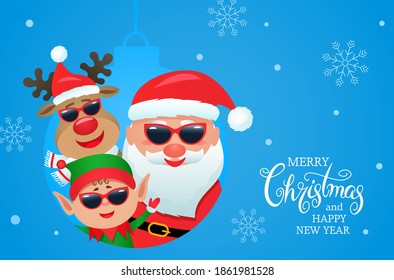 Merry Christmas and Happy New Year 2021 greeting card with funny Santa Claus, reindeer and elf. Winter Holidays cartoon characters. vector illustration on background of snow and snowflakes