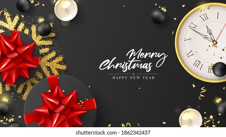 Merry Christmas and Happy New Year banner. Holiday background with round gift boxes, Christmas balls, wall clock, golden serpentine, snowflake and confetti on black background. Vector illustration.