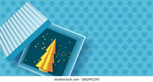 Merry Christmas and Happy New Year illustration. Gift box with Christmas tree. Golden Christmas tree in an open box on snowfall background