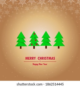 Merry Christmas and Happy New Year vector design for greeting cards and poster. Merry Christmas, with a winter landscape, with snowflakes, Christmas trees on a gold background. Vector illustration.