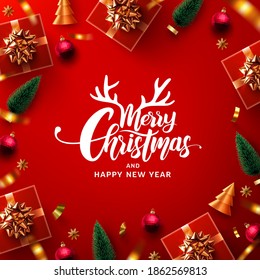 Merry Christmas and Happy New Year Promotion Poster or banner with red gift box and christmas element for Retail,Shopping or Christmas Promotion in red and gold style.