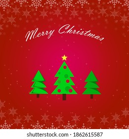 Merry Christmas and Happy New Year vector design for greeting cards and poster. Merry Christmas, with a winter landscape, with snowflakes, Christmas trees on a red background. Vector illustration.