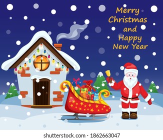 Merry Christmas and Happy New Year. Greeting card with a fairy house, Santa Claus and sleigh with gifts. Colorful cartoon vector illustration.