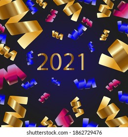 Merry Christmas and Happy New Year 2021. Banner concept used for web design, advertisements, posters, inserts. Vector graphic pattern with gold style and confetti
