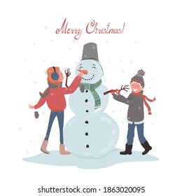 Merry Christmas! Happy New Year! Greeting card, Boy and girl in winter clothes sculpt a cute snowman.  Cartoon illustration, vector. Isolated on white background.