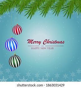 Merry Christmas and Happy New Year background. Christmas tree branches with New Year's toys on a blue background. Vector illustration