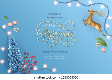 Merry Christmas and Happy New Year realistic banner with Christmas deer, blue fir trees, garland with light bulbs. Xmas party poster template