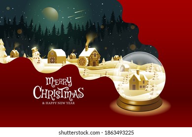 Merry Christmas, happy new year, calligraphy, Golden landscape fantasy, vector illustration.