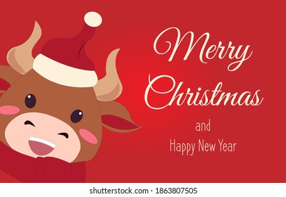 Merry Christmas and happy new year 2021. The year of the ox. The male cow and bull wear red costume. Animal holidays cartoon character. -Vector