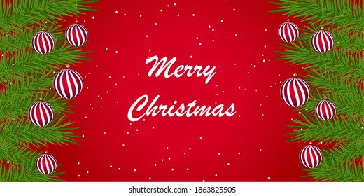 Merry Christmas and Happy New Year red background with Christmas tree branches and New Year's toys.