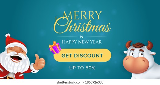 Merry Christmas and Happy New Year sale banner template. Background with realistic gift box, cute ox or bull and laughing Santa Claus. Vector illustration for get discount website horizontal header