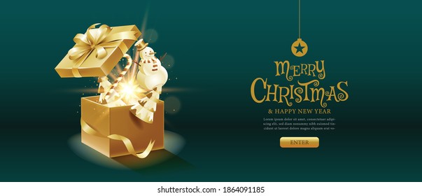 Merry Christmas, happy new year, calligraphy, Golden , Gift box fantasy ,vector illustration.