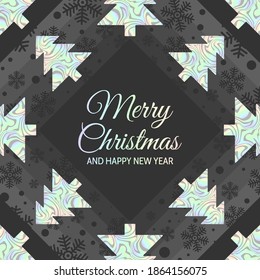 Merry Christmas and Happy New Year modern greeting card with decoration of holographic fir trees, confetti, snowflakes. Abstract xmas geometric banner.