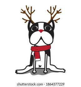 Merry Christmas and Happy New Year. Boston terrier dog and Reindeer design. For t shirt, greeting card or poster design Background Vector Illustration.