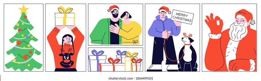 Merry Christmas and Happy New Year vector banner for greeting card design. Santa Claus and People celebrating winter holidays with gifts and presents illustration.