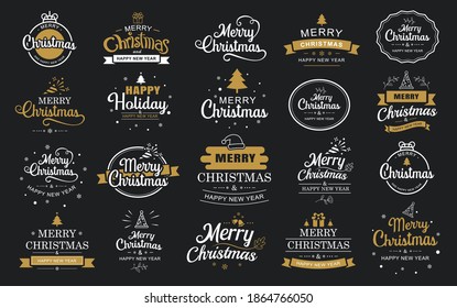 Merry christmas and happy new year typography label with symbols design set. Use for sticker, badge, crafts, greeting card.