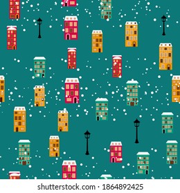 Merry Christmas and Happy New Year Card with Little Town Seamless Pattern Background. Vector Illustration EPS10
