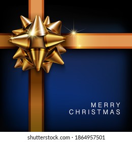 Merry Christmas and Happy New Year 2021. Blue background, design with realistic festive gold gift ribbon, isolated white text. Mobile application. Elements for calendar and greeting cards, surprise