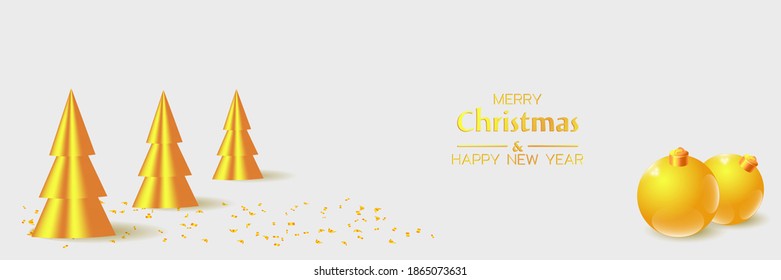 Merry Christmas and Happy New Year illustration. Winter holiday vector illustration. Festive composition with golden christmas trees and golden decor balls