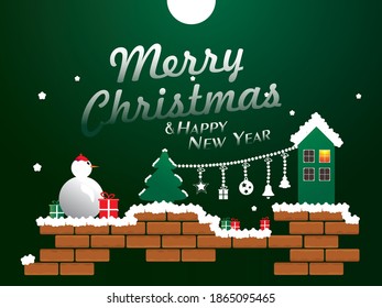 Merry Christmas Happy New Year. Snowflakes and moon. 2021 green writing became snow. Snowman, Christmas tree and gifts on the brick house.