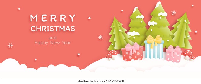 Merry Christmas and happy new year banner background with pine tree, snowman,gift box. Paper art vector illustration