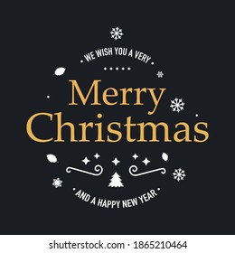 Merry Christmas and Happy New Year lettering template. Invitation card with golden snowflakes. Winter holidays related typographic quote. Vintage vector illustration.
