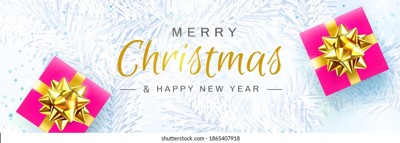 Merry Christmas and Happy New Year. Christmas background with white Pine Branches, Red Gift boxes with a Gold Bow. Creative design for Greeting Cards, banners, posters. Top view. Realistic 3d vector