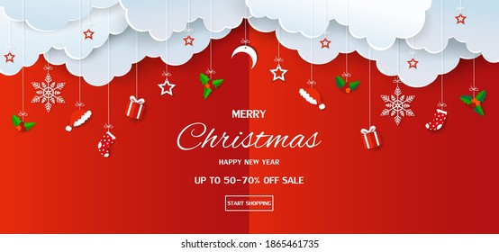 Merry Christmas and Happy new year sale banner background,paper cut style for poster,header,advertising,shopping online,website or promotion,vector illustration
