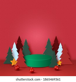 Merry Christmas and Happy new year concept.Green podium decorated with christmas tree,christmas ball and stars on red background.Paper art vector illustration.