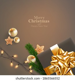 Merry Christmas and Happy New Year postcard template. Xmas design realistic gifts box with gold ribbon, festive lights and decorative objects. Christmas poster, holiday banner, flyer, greeting card