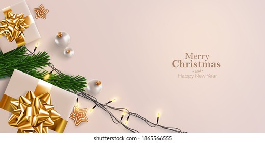 Merry Christmas and Happy New Year postcard template. Xmas design realistic gifts box with gold ribbon, festive lights and decorative objects. Christmas poster, holiday banner, flyer, greeting card