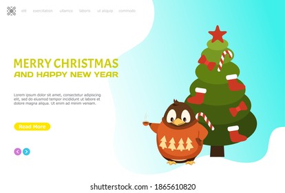 Merry Christmas and happy New Year web page, penguin in sweater with hot coffee cup. Flightless Arctic bird in clothes with beverage vector, push button on site