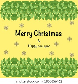 Merry Christmas and happy new year on yellow background with leaves on top and below and snowflakes behind