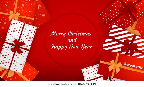 Merry Christmas and Happy New Year. Many Different New Year Gifts on The Background of the Inscription congratulations. Colored. Winter Holidays Set Realistic gifts. Vector Illustration EPS 10