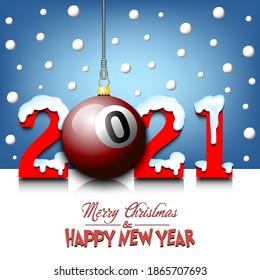 Merry Christmas and Happy New Year. Number 2021 and billiard ball as a Christmas decorations hanging on strings amid falling snow on a mirror surface. Pattern for greeting card. Vector illustration