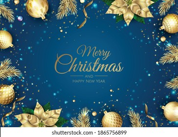 Merry Christmas and Happy New Year. Xmas background with poinsettia, christmas flower, Snowflakes, star and balls design.