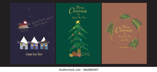 Merry Christmas and Happy New Year Set of backgrounds, greeting cards, posters, holiday covers. Card designs with cute house, santa claus, pine tree and snowman concept