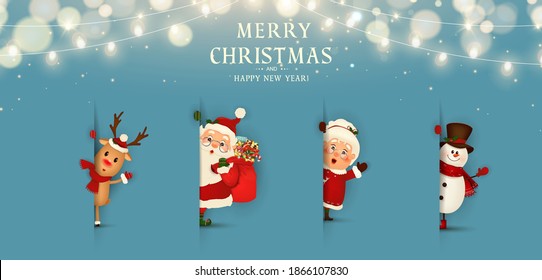 Feliz Navidad. Feliz año nuevo. Caricatura de Santa Claus con la Sra. Claus, reno, muñeco de nieve. Cartel de Navidad. Afiche de navidad horizontal, tarjetas de felicitación, sitio web de cabeceras.