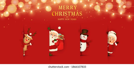 Feliz Navidad. Feliz año nuevo. Caricatura de Santa Claus con la Sra. Claus, reno, muñeco de nieve. Cartel de Navidad. Afiche de navidad horizontal, tarjetas de felicitación, sitio web de cabeceras.