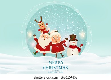 Feliz Navidad. Feliz año nuevo. Papá Noel con la Sra. Claus, reno, muñeco de nieve en el paisaje navideño de invierno. Cartel de Navidad. Afiche de navidad horizontal, tarjetas de felicitación, sitio web de cabeceras.