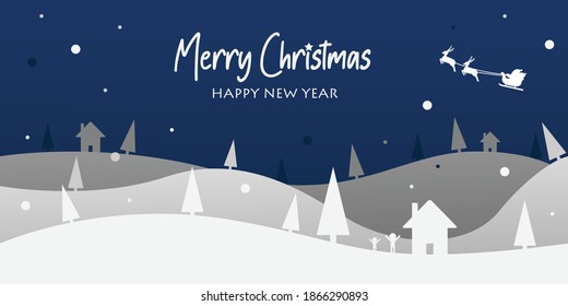 Merry christmas and happy new year vector background. Merry christmas landscape with tree and snowfall in blue background with santa claus.
